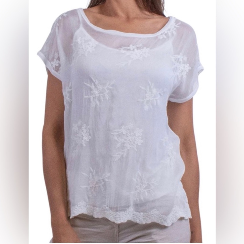 ANGELA MODA Made in Italy 🇮🇹Silk Sheer Cream Top with Cami Size Small